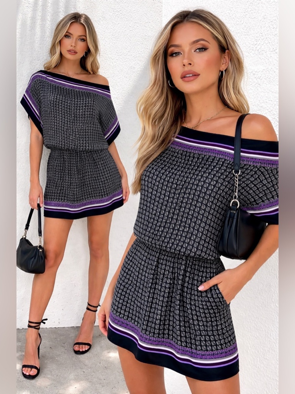Max Studio Black Purple Off Shoulder Dress Size M Flowy Batwing Mini
